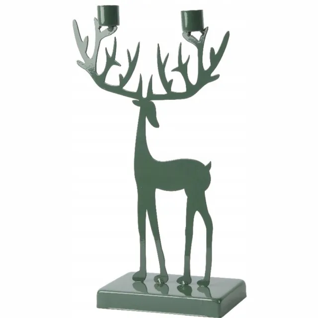 Decoris Donkergroene Metalen Kandelaar met Herten Design - 31 cm