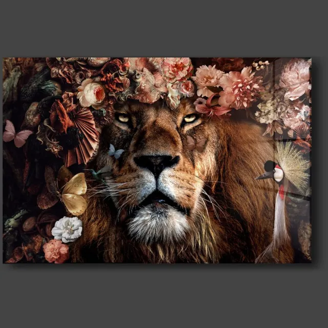 blackarts lion with flowers plexiglas schilderij 90x60cm kleur