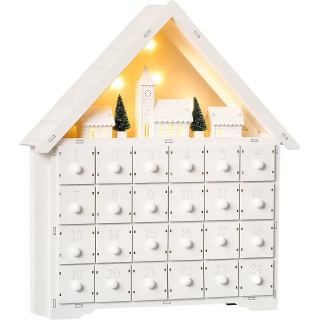 sogiol Houten Adventskalender om te vullen met 24 lades en een kerstdorpje met bomen en lichtjes - 39x9x42 cm wit