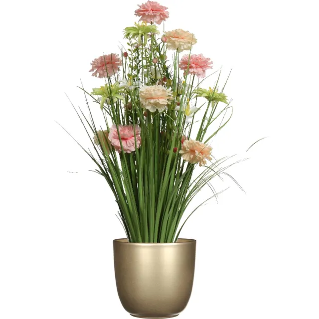 Everlands Kunstbloemen boeket roze - in pot goud - keramiek - H70 cm Goudkleurig