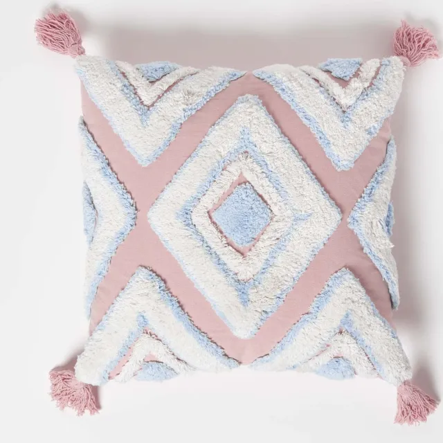 Homescapes Blauw Roze Getuft Kussen 45 x 45 cm - Boho Kussen met Kwastjes, Geometrisch Blauw-roze