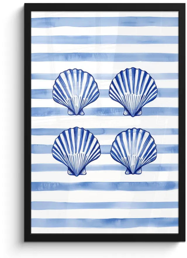 FrameYourWall Poster in lijst - Fotolijst 40x60 cm - Posters - Vier schelpen - Blauw - Wit - Strepen - Posterlijst zwart - Decoratie - Wanddecoratie woonkamer - Muurdecoratie slaapkamer Schelpen - Strepen