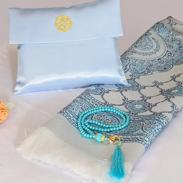 Islamic Gift Islamitische Cadeauset – Gebedskleed met Tasbih & Luxe Opbergtas – Ramadan & Eid Geschenk – Grijs - Hemelsblauw