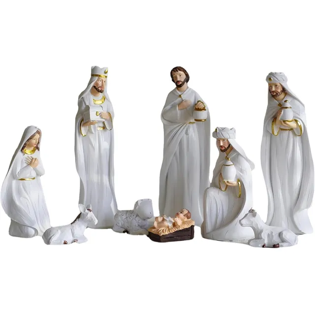Famanu 9-delige kerststal voor Kerstmis binnenshuis, echte kerststalfiguren en harsambachten voor kerstversiering Zwart