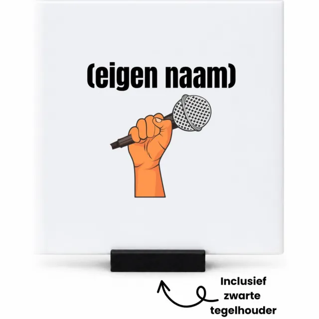 Hacebo microfoon met hand met eigen naam tegeltje met tegelhouder - Microfoon - muziek liefhebbers - tegeltjes met tekst - iemand die houdt van muziek - verjaardag - cadeau - kado - spreuktegels - 10.8x10.8 CM Wit