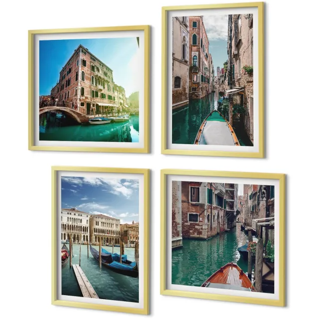 Coloray 4-Delige Schilderij Set - Uitzichten op Venetië met kanalen en stedelijke architectuur. - 40 x 40 cm en 40 x 60 cm - Stijlvolle Muurdecoratie - Slaapkamer - Wanddecoratie Gouden lijst