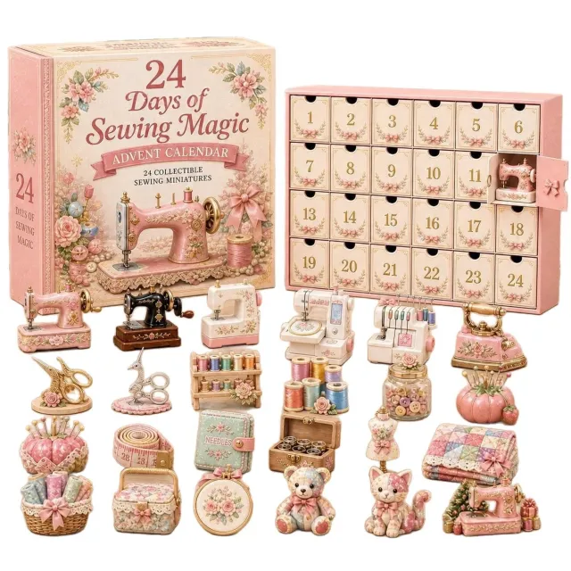 Mrilary Kerstadventskalender – “Naaimagie” – Aftelkalender Van 24 Dagen – Inclusief 24 Platte Acrylornamenten Met Een Naaimachinethema – Perfect Voor Naai- En Knutselliefhebbers roze