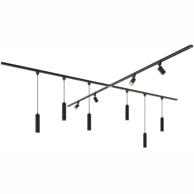 HOFTRONIC railverlichting pakket X-vorm – 4x 1,5 meter rail met 4 railspots en 6 hanglampen – dimbaar – aluminium zwart – IP20 – modulair – 230V – railverlichting woonkamer keuken