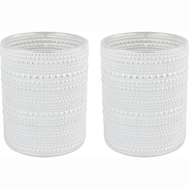 Countryfield Luxe theelichthouder - 2x stuks - Aurora - glas - parel wit/zilver - D7 x H8 cm