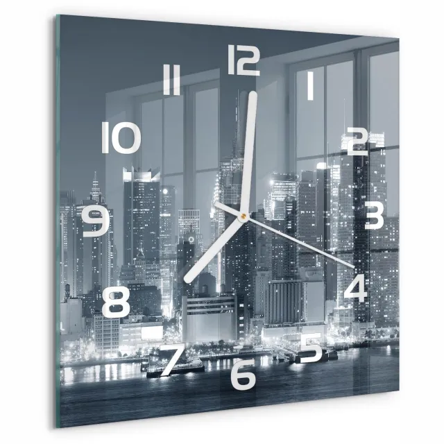 TULUP Wandklok - Manhattan, New York Gekleurde Glazen Klok - 30x30 cm - Zwart-wit Glazen Klok Met Print - Witte handen - Vierkante Klok - Moderne Wandklok Glas - Wandklok Glas Decoratie