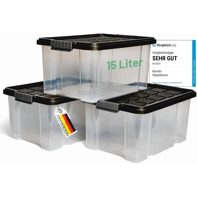 Novaliv 3x opbergdozen met deksel 15L antraciet Nestbare stapelbare opbergdozen met clipsluiting Kunststof doos BPA-vrij 41 x 29 x 20 cm