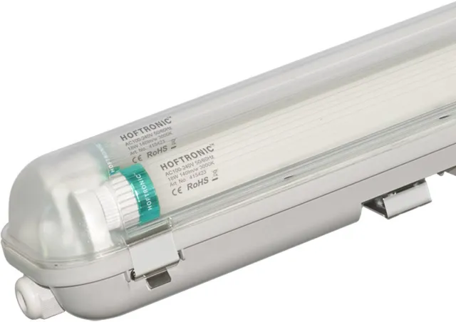 HOFTRONIC LED TL armatuur 60cm - LED - Dubbelvoudig - Waterdicht - Flikkervrij - Koppelbaar - 18 Watt - 2520 lumen - 140 lm/W - 230V - 3000K Warm wit - TL armatuur voor werkplaatsen, garages, bedrijfshallen en magazijnen Transparant