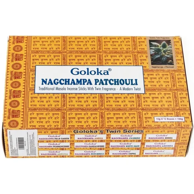 Goloka Nagchampa Wierookstokjes – 180g Voordeelverpakking (12 x 15g) – Authentieke Nagchampa & Patchouli Geurmix – Premium Kwaliteit Masala Wierook Met Kajal Sticker Bruin