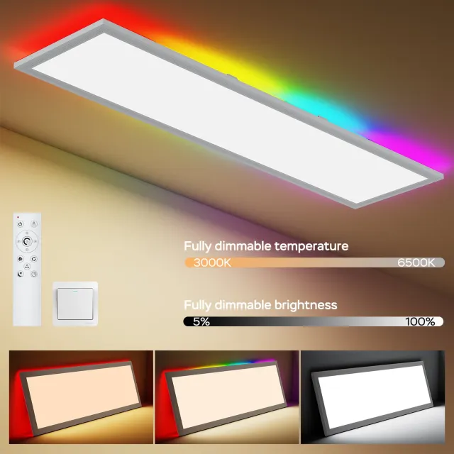 Amdelne LED Panel Plafonnière 100x25cm Wit - 30W+4W - 2860 LM - Dimbaar 3000K-6500K + RGB Backlight - Met Afstandsbediening - Geheugenfunctie & Timer