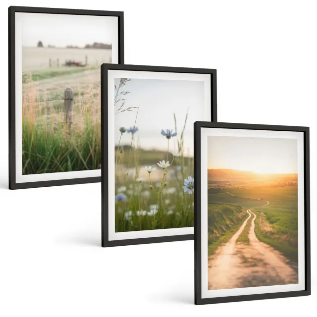 TULUP 4-Delige Schilderij Set - Natuurlandschappen met velden en paden in de zon. - 40 x 60 cm - Stijlvolle Muurdecoratie - Slaapkamer - Interieur Decoratie Zwarte lijst