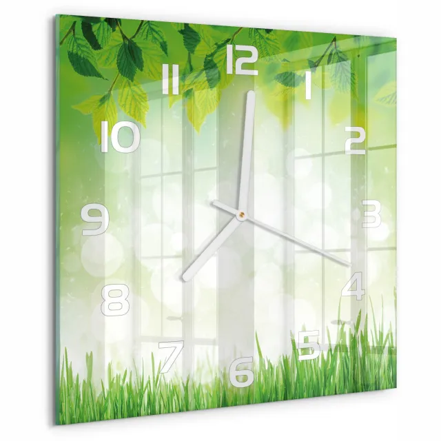 TULUP Wandklok - Bladeren en gras Glazen Wandklok Design - 30x30 cm - Groente Klok Glas Met Opdruk - Witte handen - Vierkante Klok - Wandklok Glas Met Motief - Decoratieve Glazen Klok