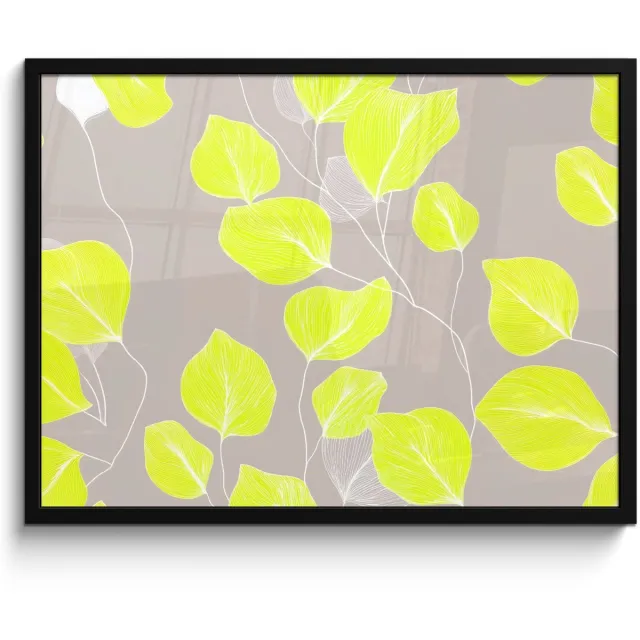 FrameYourWall Poster in lijst - Fotolijst 80x60 cm - Posters - Bladeren - Neon - Geel - Lijnen - Posterlijst zwart - Decoratie - Wanddecoratie woonkamer - Muurdecoratie slaapkamer Bladeren - Lijnen - Neon