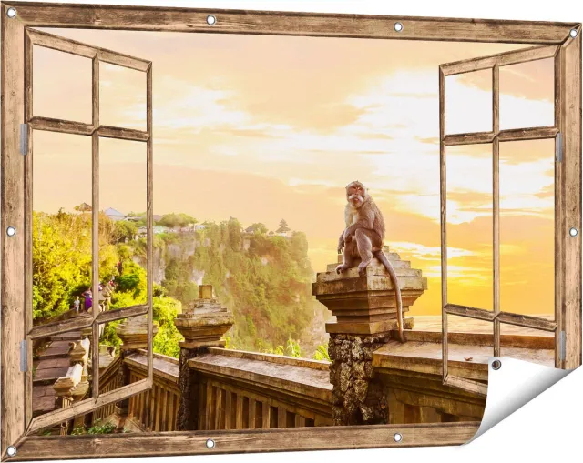 Gards Tuinposter Doorkijk Aap op de Uluwatu Tempel in Bali - 120x80 cm - Tuindoek - Tuindecoratie - Wanddecoratie buiten - Tuinschilderij Licht bruin