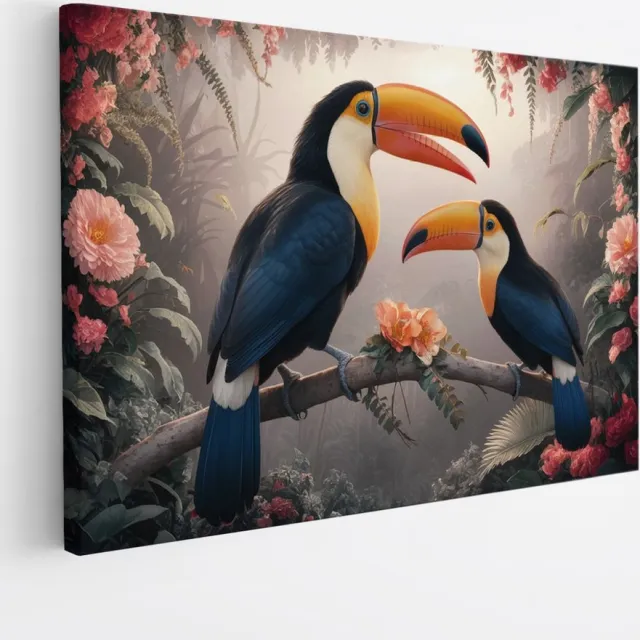 Saammp Canvas Schilderij - Abstracte Toekans tussen de bloemen - Dieren - Natuur - 60x40 - Foto op canvas - Wanddecoratie - muurdecoratie Woonkamer - Slaapkamer decoratie - Canvas Print Multicolor