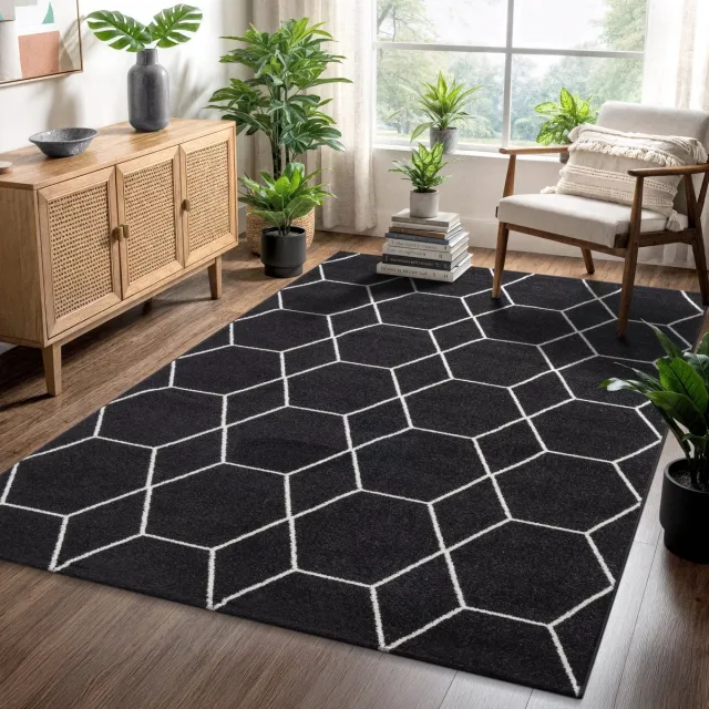 Muratap Trellis Uni Laagpolig Vloerkleed Zwart- 120x170 CM