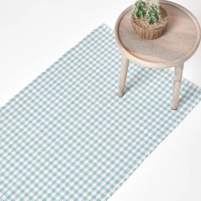 Homescapes katoenen tapijtloper blauw en wit geruit - Vichy ruit, 66x200 cm Blauw Wit