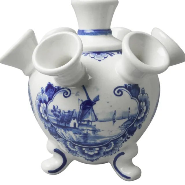 Heinen Delfts Blauw Tulpenvaas op pootjes - Molen - 14 cm Delfts blauw