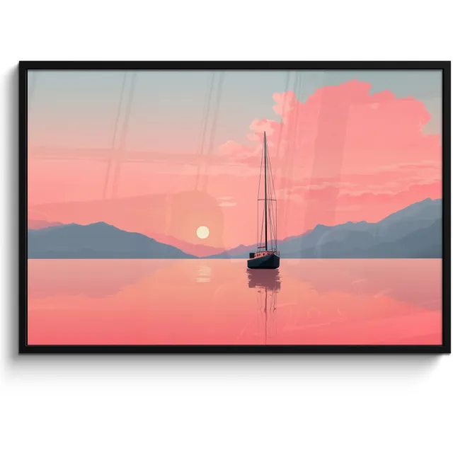 FrameYourWall Poster in lijst - Fotolijst 120x80 cm - Posters - Zeilboot - Roze zee - Zonsondergang - Bergen - Posterlijst zwart - Decoratie - Wanddecoratie woonkamer - Muurdecoratie slaapkamer Zeilboot - Zee - Bergen