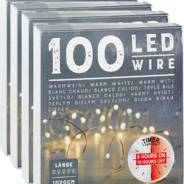 Cepewa Draadverlichting lichtsnoer - 4x - 100 cm - 100 leds - warm wit - batterij - timer - kerstverlichting