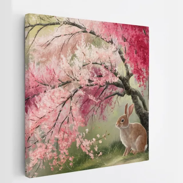 Saammp Canvas Schilderij - Konijn onder roze boom - Natuur - Abstract - 20x20 - Foto op canvas - Wanddecoratie - Muurdecoratie Woonkamer - Slaapkamer decoratie - Canvas Print Multicolor