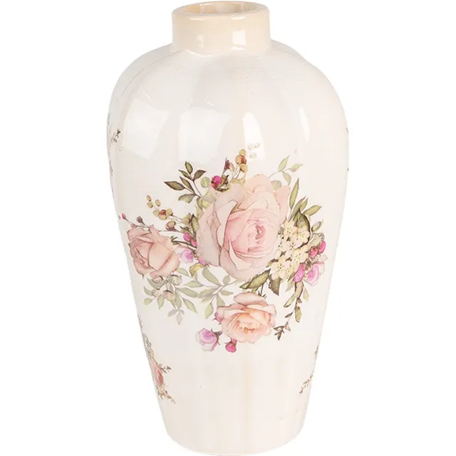Clayre & Eef Vaas Ø 17x30 cm Beige Roze Keramiek Rozen