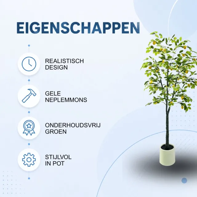Happiq Kunst Citroenboom 180cm - Realistisch design met Gele nepcitroenen - voor woonkamer en kantoor - Groen Kunststof in Pot