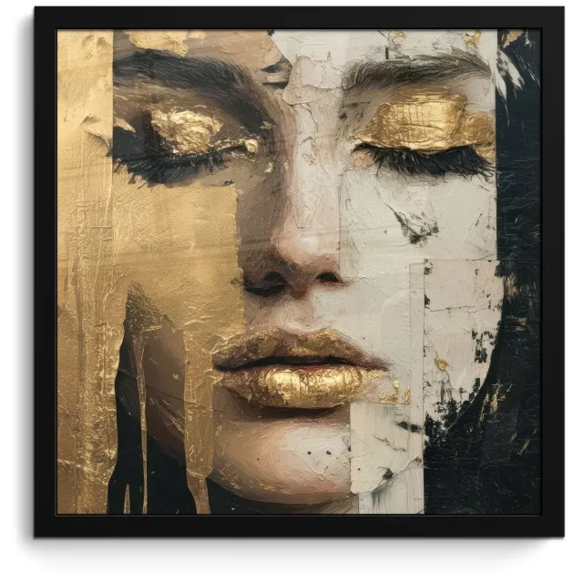 FrameYourWall Poster in lijst - Fotolijst 40x40 cm - Posters - Abstract - Goud - Gezicht - Lippen - Posterlijst zwart - Decoratie - Wanddecoratie woonkamer - Muurdecoratie slaapkamer