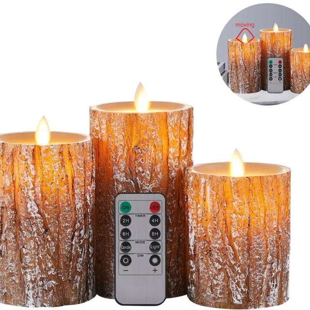 CNLSight LED Kaarsen (set van 3)met bewegende vlam - kerst decoratie- Elektrische Kaarsen met Afstandsbediening - kerstverlichtingen -Echte Wax - pine bark cover zuil berkeneffect - Dimbaar en Timer Functie Bruin