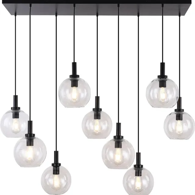 Fantasia Osira hanglamp, 9x E27 fitting, zwart stalen frame, 9 heldere glazen bollen Ø20 cm, breedte 115 cm, dimbaar, IP20