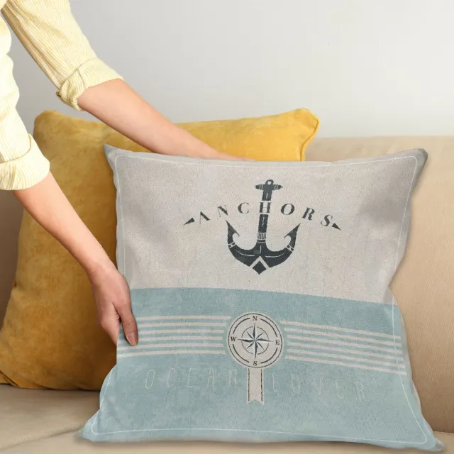 ABAKUHAUS Nautisch Sierkussenhoes, Aged Oceaan Lover Tekst met Anker en Compass Maritiem Adventure Ontwerp, Decoratieve Vierkante Sierkussenhoes, 60 x 60 cm, Beige Blauw