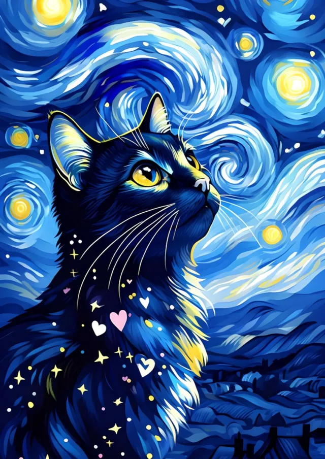 4one6 industries De Sterrenkijker Poster – Van Gogh Stijl Zwarte Kat Art Print – Levendige Kunstposter – Premium Glossy Fotopapier Zwaart