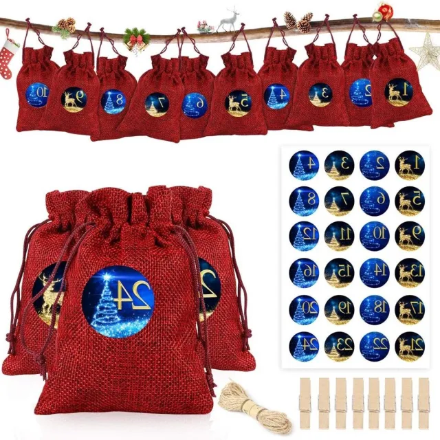 Cosensi Adventskalenderzakjes 2021 voor Kerstmis aftellen met jute zakken. DIY adventskalenders met adventsnummers stickers. Hangende kalender voor kerstversiering.