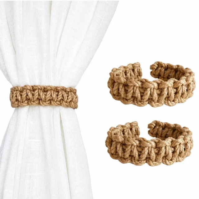 Cheaperito 2 Stuks Gordijnhouders – Gevlochten Gordijnstrikken – Verstelbaar – Jute Look – Boho & Landelijke Stijl – Zonder Boren – Lichtbruin