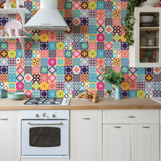 Ambiance Sticker Zelfklevende tegelmuurstickers voor keuken en badkamer - 60 LILIAH cementtegelstickers - 60 stickers 15x15cm Multi color