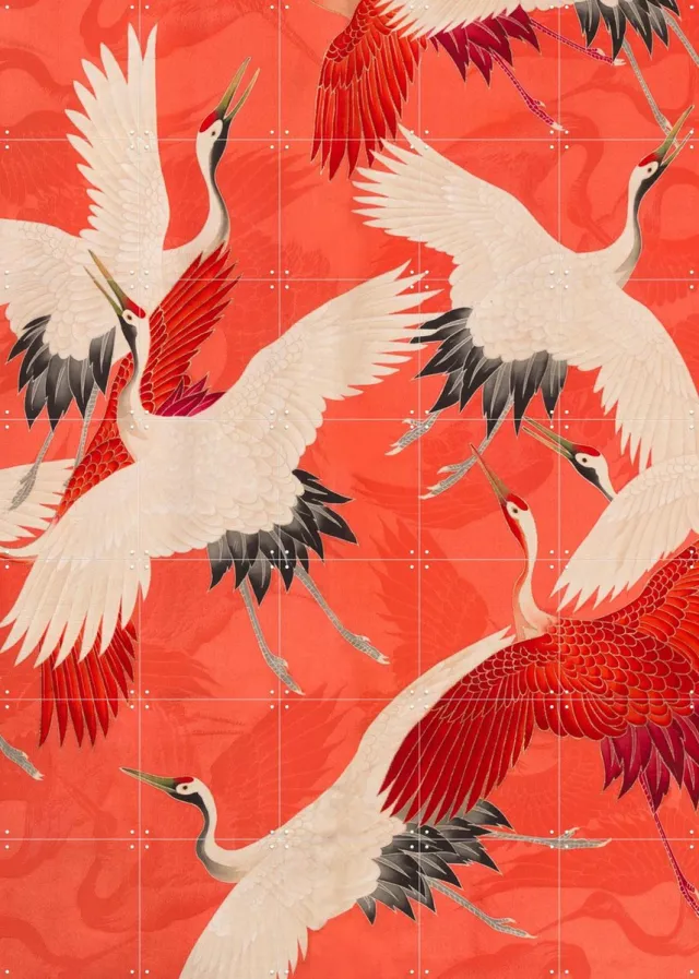 IXXI Kimono with Cranes Red, Rijksmuseum - 100 x 140 cm - Grote wanddecoratie en posters - Kleurrijk, Ukiyo-e, Illustraties, Klassiek, Woonkamer Rood