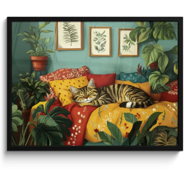 FrameYourWall Poster in lijst - Fotolijst 70x50 cm - Posters - Kat - Planten - Groen - Posterlijst zwart - Decoratie - Wanddecoratie woonkamer - Muurdecoratie slaapkamer