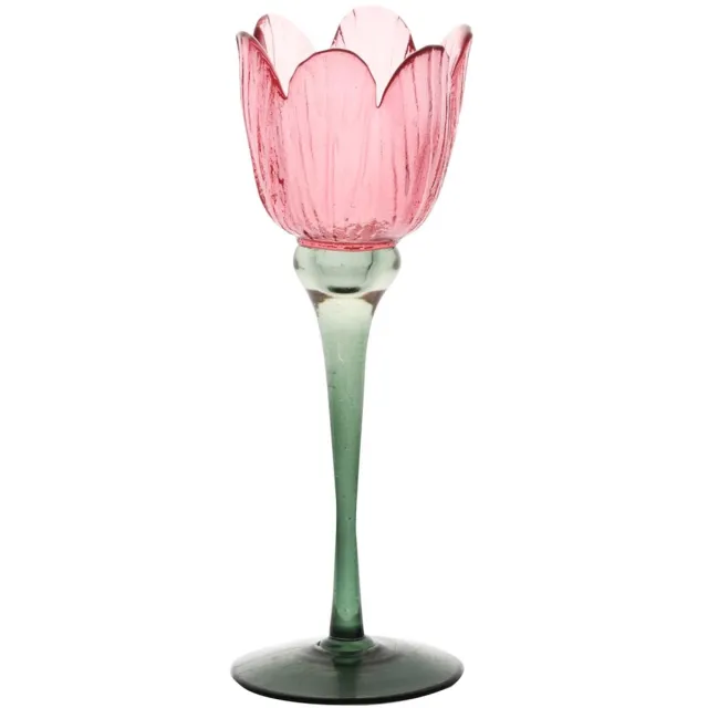 dekoratief Theelichthouder tulp op voet, roze/groen, glas, 8x8x23cm | A255809