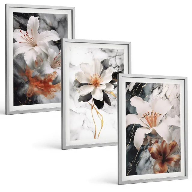 TULUP 4-Delige Schilderij Set - Bloemen op een marmeren achtergrond in wit- en zwarttinten. - 40 x 60 cm - Wanddecoratie - Muurdecoratie - Woonkamer Zilveren lijst