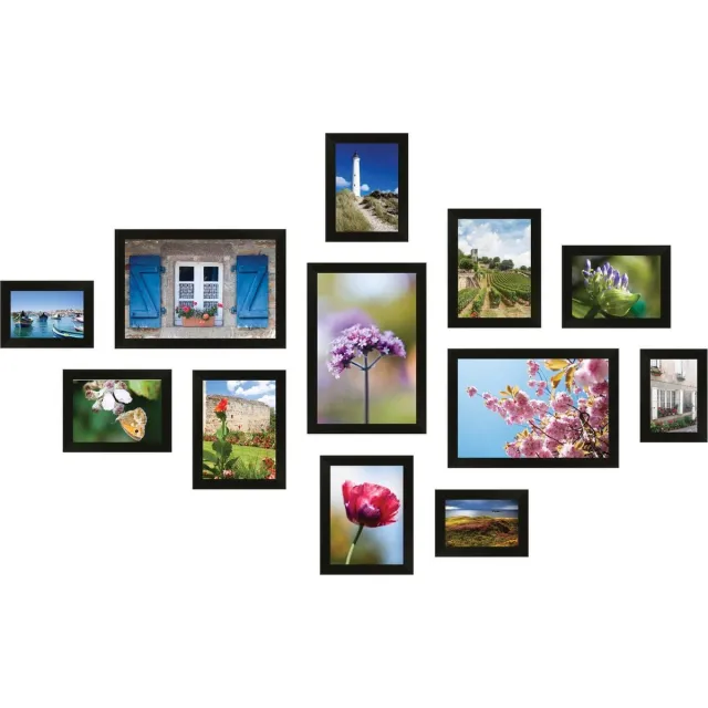SecaDesign Fotowand zwart 12 fotolijsten PIA12B met handige template voor plaatsing. 3x 10x15cm, 3x 13x18cm, 3x 15x20cm en 3x 20x30cm fotomaat - fotomuur