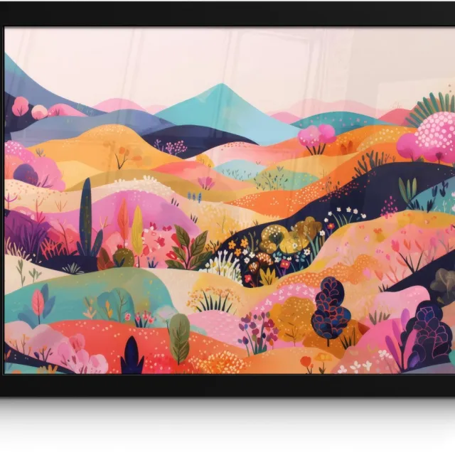 FrameYourWall Poster in lijst - Fotolijst 40x30 cm - Posters - Golvende heuvels - Abstracte planten - Dromerig - Posterlijst zwart - Decoratie - Wanddecoratie woonkamer - Muurdecoratie slaapkamer Heuvels - Kleurrijk
