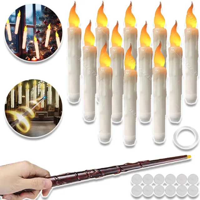 JIMUYU 12 Zwevende LED Kaarsen Met Toverstaf En 30 m Vislijn En 12 Haken – Flikkerende Vlamloze Kaarsen En Warm Wit Licht – Voor Halloween En Kerstdecoratie – Batterijbediend