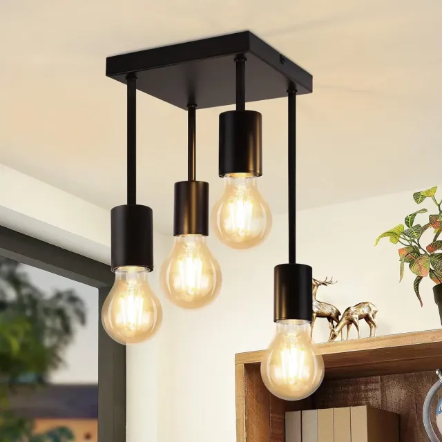 Glitzerlife Plafondspot - Zwart 4-lichts E27 Fitting - Vintage Industrieel Design - Metaal - Verstelbaar - Exclusief Lichtbron - Voor Keuken, Hal, Slaapkamer, Woonkamer & Bar