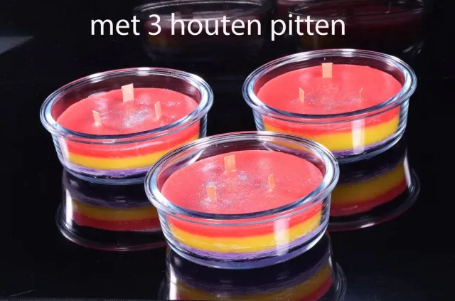 MilaNNE Tri-Colore-Plus Kaars met 3 houten pittenin mooie schaal - Gemaakt door Candles by Milanne rood