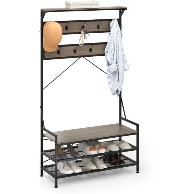 Costway 184 cm kapstok met schoenenrek, schoenenrek met garderobe, kledingrek met zitbank, incl. 11 haken, voor hal, woonkamer, slaapkamer, metalen frame (grijs)