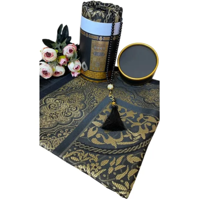 Box Kaaba Black & Gold Patroon | Gebedskleed en 99 Parel Tasbeeh set - Speciale Gift Doos